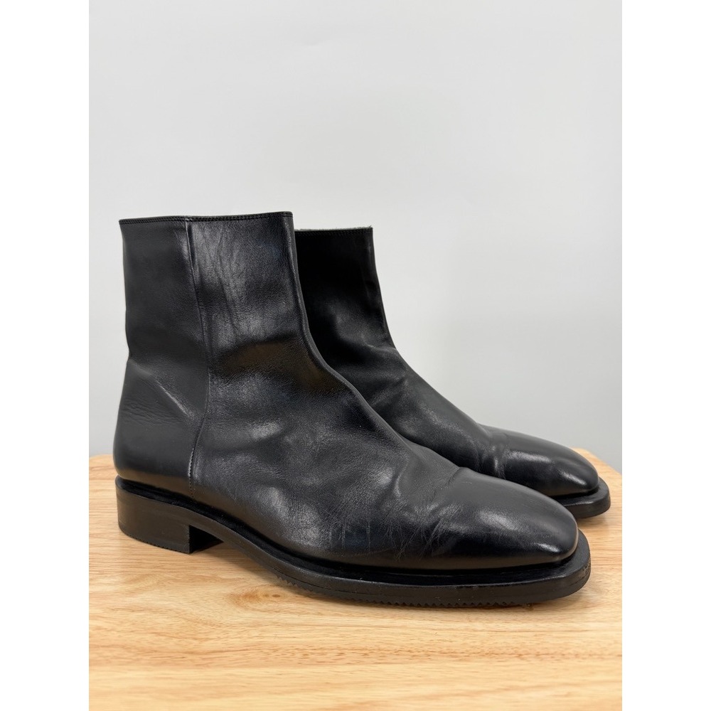 Ermenegildo Zegna Black Leather Ankle Boots Square Toe Zip Formal Dress Booties